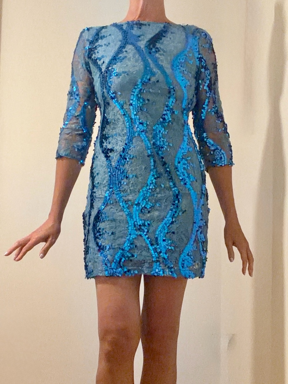 Blue Sequin Sheath Dress with Three-Quarter Sleeves